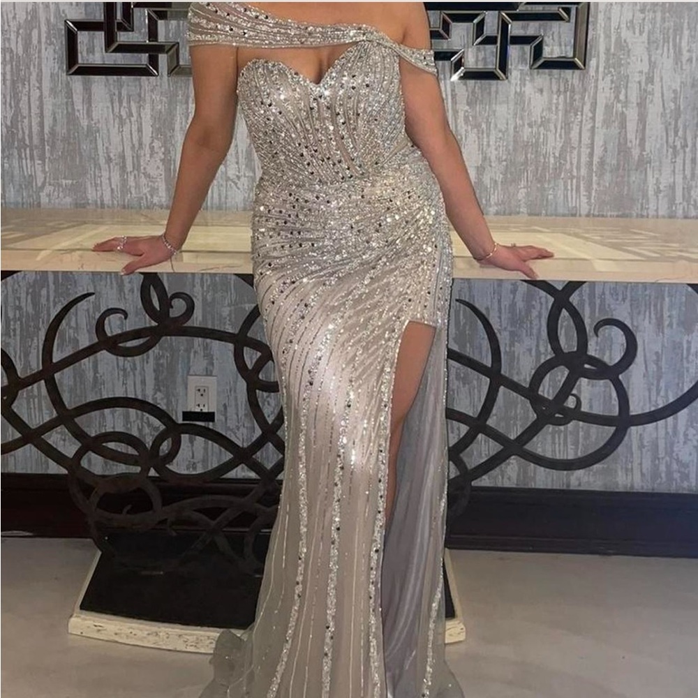 Elegant Silver Off-Shoulder Gown